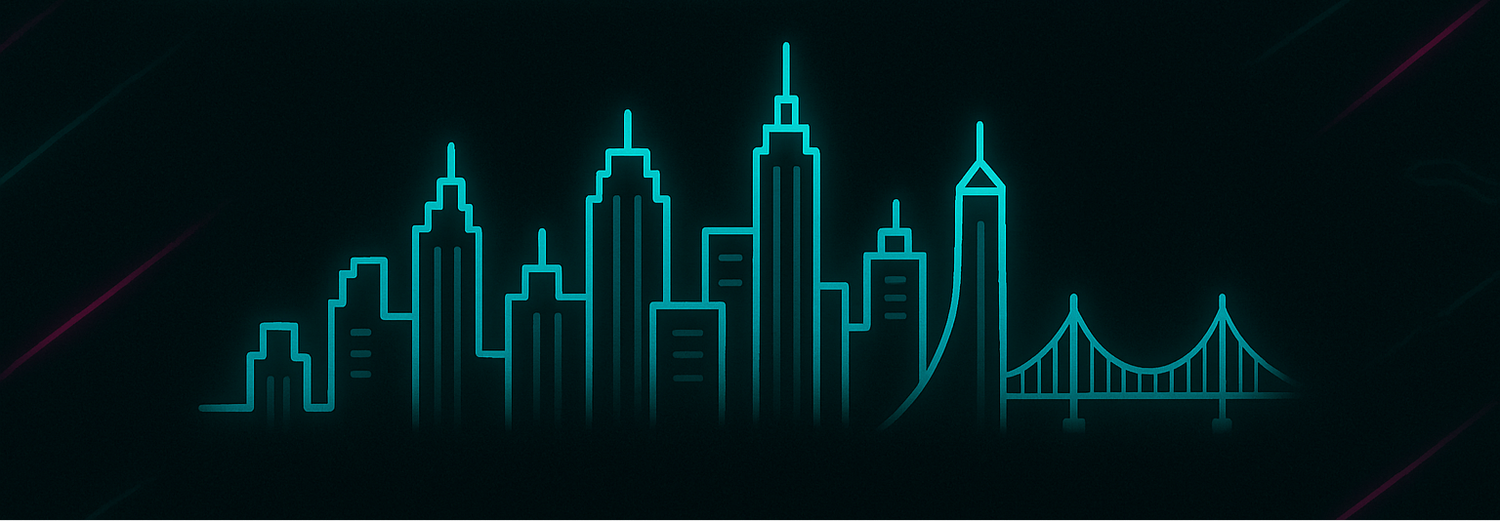 Newsletter sign-up form with city skyline silhouette on a dark background